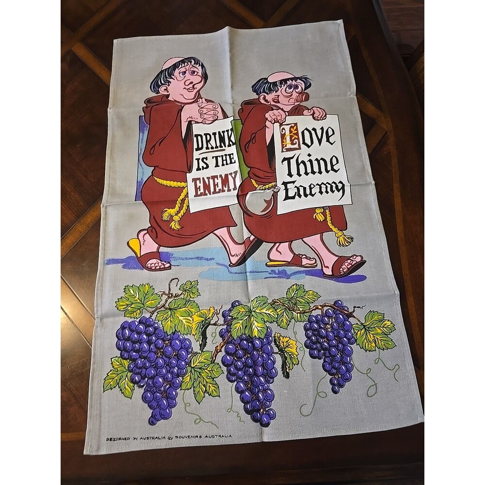 VTG Australian  Tea Towels Two Linen Monks Love Thine Enemy, Drinking Is Enemy